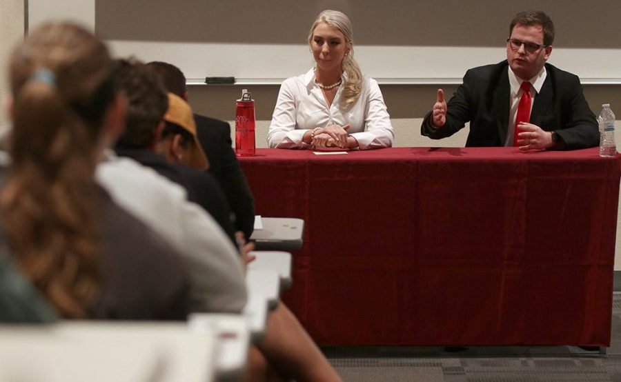 Ellie Gunderson, political science junior,  and Steven Elhert, criminal justice senior, answer questions reguarding why they are the best fix for the president position during the Student Government Association Debate at Bolin 100 on Wednesday, March 7, 2018. Photo by Francisco Martinez