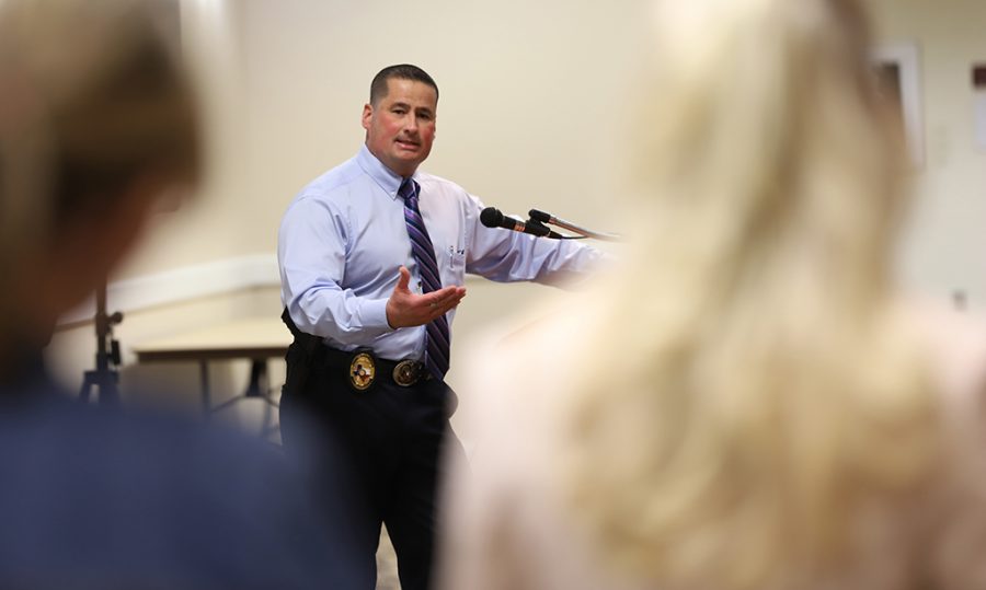 Patrick Coggins, chief of police, answers questions from students at the Open Forum about campus safety in CSC Comanche on March 19. Photo by Bridget Reilly