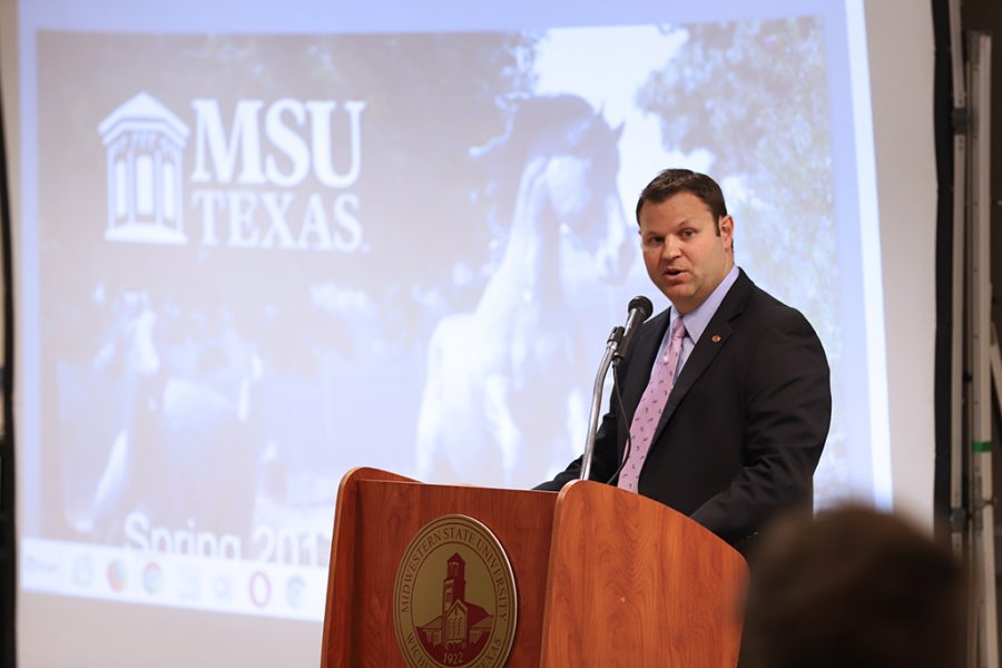 Matt Park, associate vice president of student affairs  and and enrollment manament and dean of students, gives a brief discription of Title IX at the beggining of the Open Forum about campus safety in CSC Comanche on March 19. Photo by Bridget Reilly