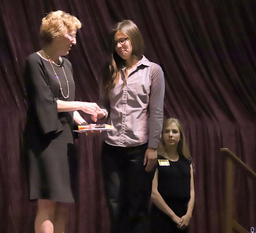 Suzanne Shipley, university president, awards Alexandra Nelson, the highest honor at the Honors Banquet on Friday, April 20, 2018. Photo by Cortney Wood