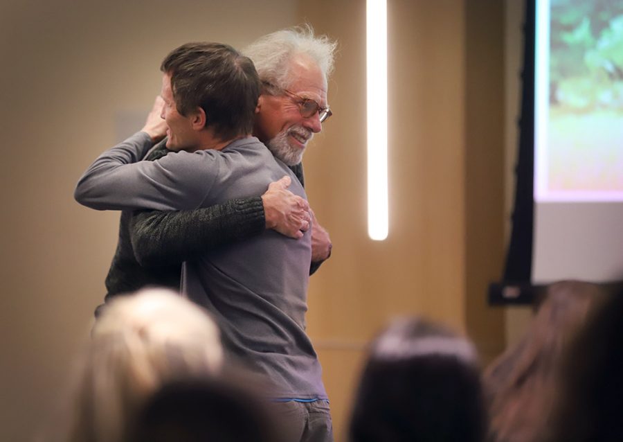 Frank Wyatt, exercise physiology professor, hugs Steve Hilton, ceramics professor, at the end of Midwestern State Universitys final Last Lecture Series in Legacy Multipurpose Room, April 9, 2018. Photo by Rachel Johnson