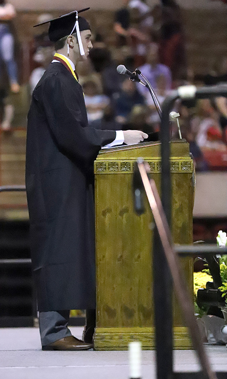Luke Allen, humanities and social sciences graduate, gives the commencement address at the spring 2018 graduation at Kay Yeager Coliseum on May 12, 2018. Photo by Justin Marquart
