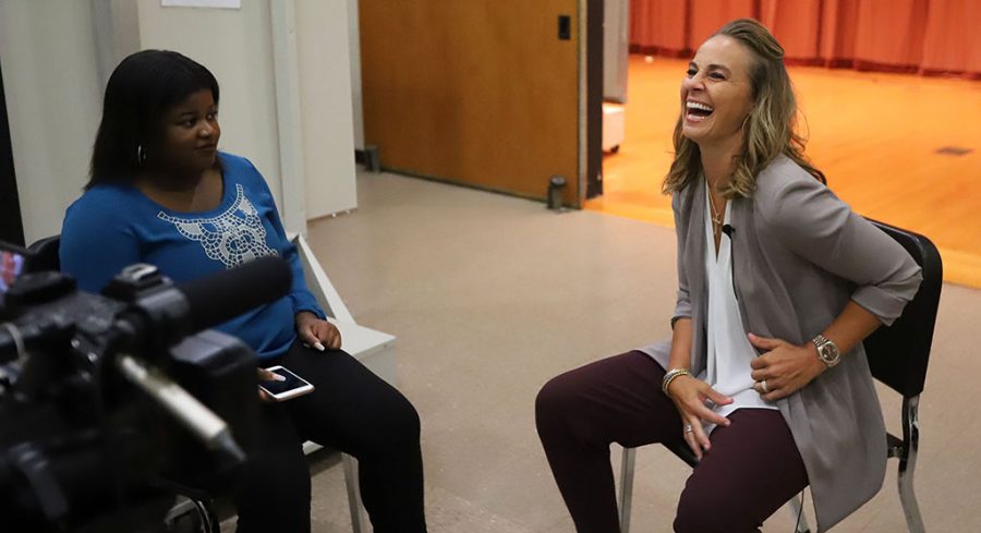 Chloe Philips, journalism junior, interviews Becky Hammon during the Artist Lecture Series Event at Akin Auditorim on Thursday Sep. 6, 2018.