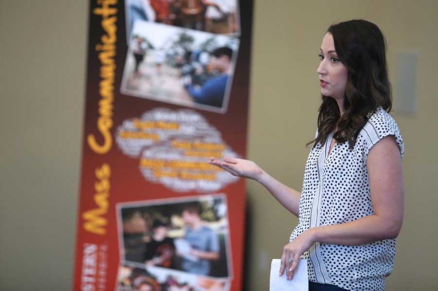 Caitlyn Cremeens, digital manager and DesignWorks Group, discusses how she uses Facebook Live with her clients at the third MSU Texas Social Media Day, Oct. 1, 2018.
