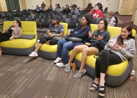 Mary Margaret DeWitt, secondary history education freshman, Francis Naranjo, radiology junior, Shakira Hernandez, chemistry and psychology sophomore, Yesenia Duarte, dental hygiene sophomore, and Abbey Burner, business sophomore, watching the election results in the Legacy Multipurpose Room Nov. 6.
