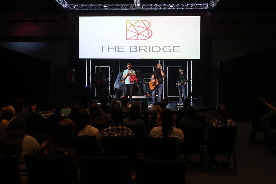 Andrew Reilly speaking at The Bridge, a college worship service affiliated with First Baptist Church, Oct. 23, 2018. Photo by Bradley Wilson