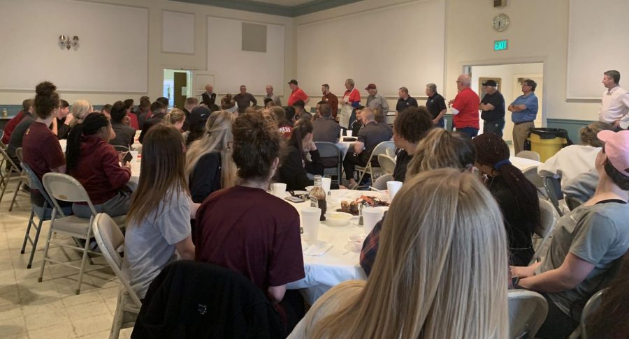 Student-athletes gather at First Christian Church for Mustangs Meal on April 3. 