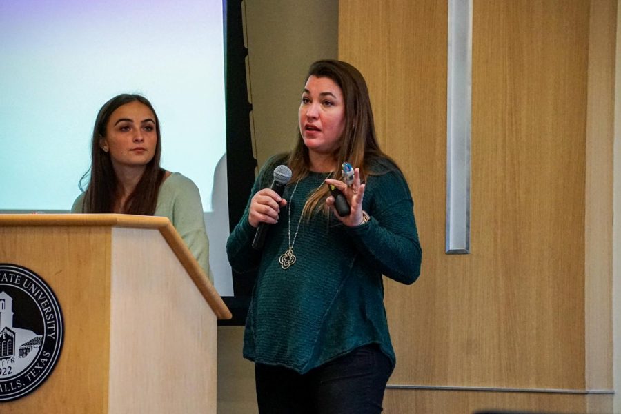 Assistant professor of social work Catherine Earley speaks informs MSU Texas students on the dangers and signs of human trafficking, March 17. P