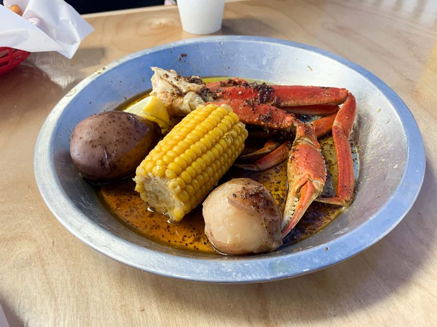 Crab leg boil with lemon pepper butter seasoning is one of the meals offered at the Catch.