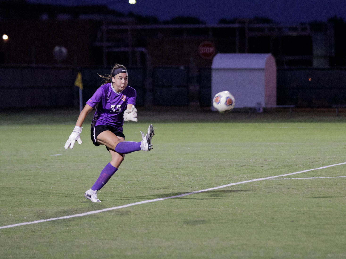Sport and leisure studies senior and goalkeeper Taylor Camp kicks the ball across the field