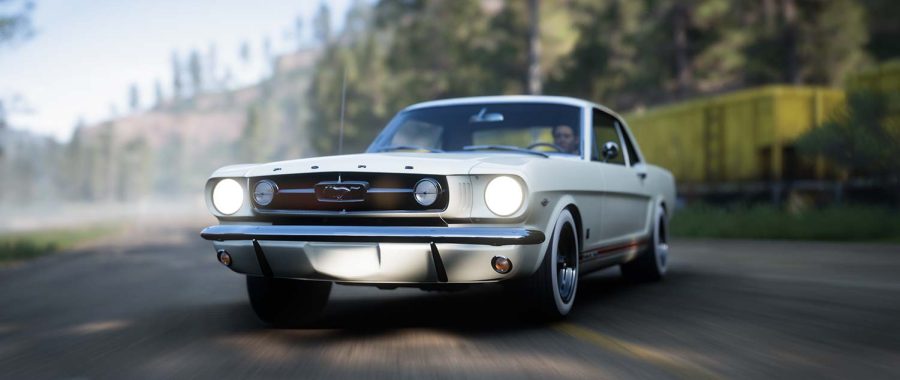 A train passes by the background as a 1965 Ford Mustang Coupé takes a turn. Screenshot by Colin Stevenson. "Forza Horizon 5" by Playground Games.