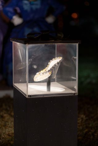 Cinderella's glass slipper sits in a case on display at the 2021 MSU Fantasy of Lights.