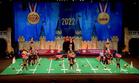 MSU Cheer performs its routine as they compete with other universities at the 2022 Universal Cheerleaders Association College Nationals, Jan. 14. Photo courtesy of Collin Stokes.