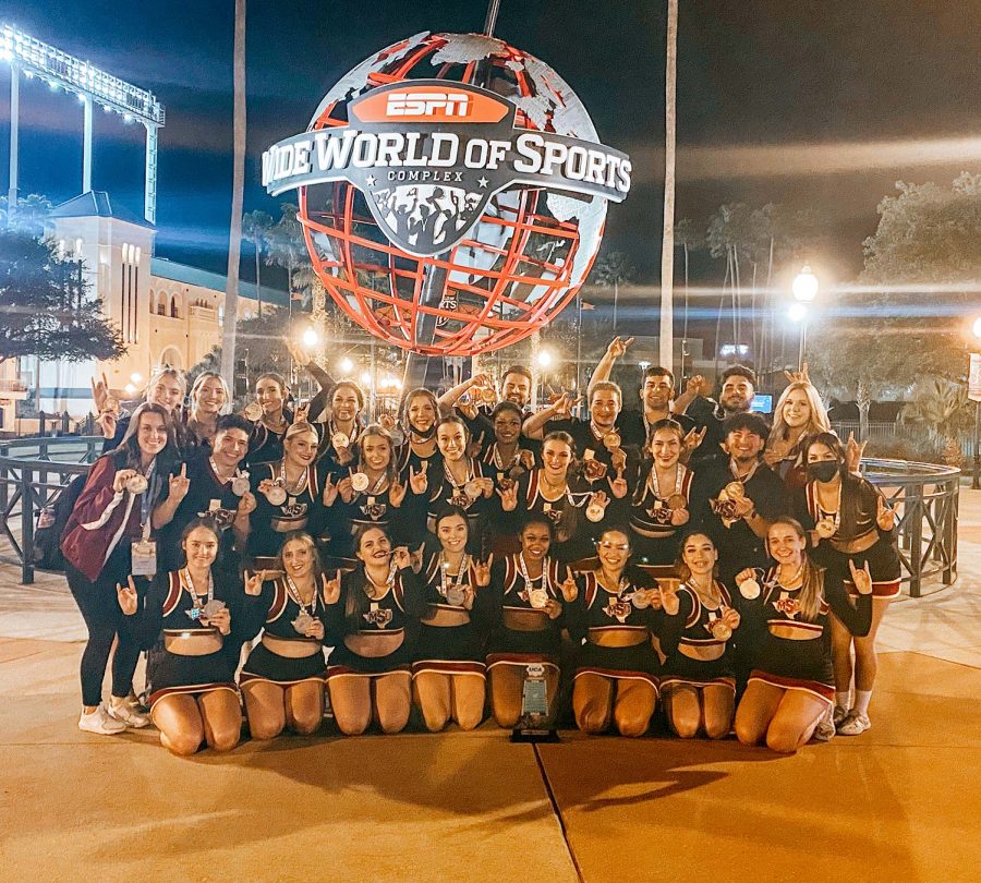 MSU Cheer celebrates winning 3rd place in the 2022 UCA College Nationals in Orlando, Florida, Jan. 14. Photo courtesy of Collin Stokes.