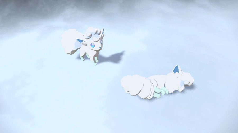 Beyond special Hisuian veriants of Pokémon, reginal veriants appear from past games, as well, such as the two Alolan Vulpix shown here, Feb. 10. Screenshot by Colin Stevenson. Pokémon Legends: Arceus by Game Freak Co., Ltd.