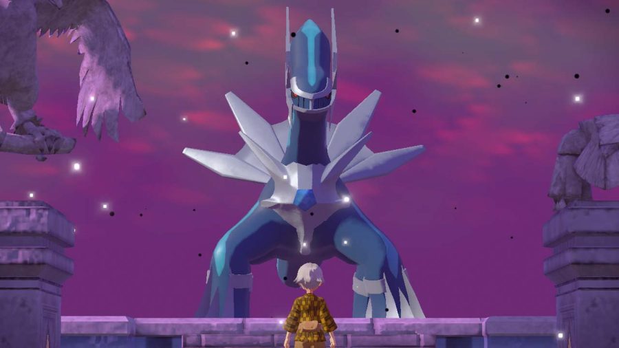 Your character faces off against mighty legendary Pokémon in the story, such as Dialga, the Pokémon that controls time, Feb. 6. Screenshot by Colin Stevenson. Pokémon Legends: Arceus by Game Freak Co., Ltd.