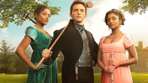 Simone Ashley, Jonathan Bailey and Charithra Chandran co-star in Netflixs Bridgerton, 2022. Courtesy of Netflix, Inc.