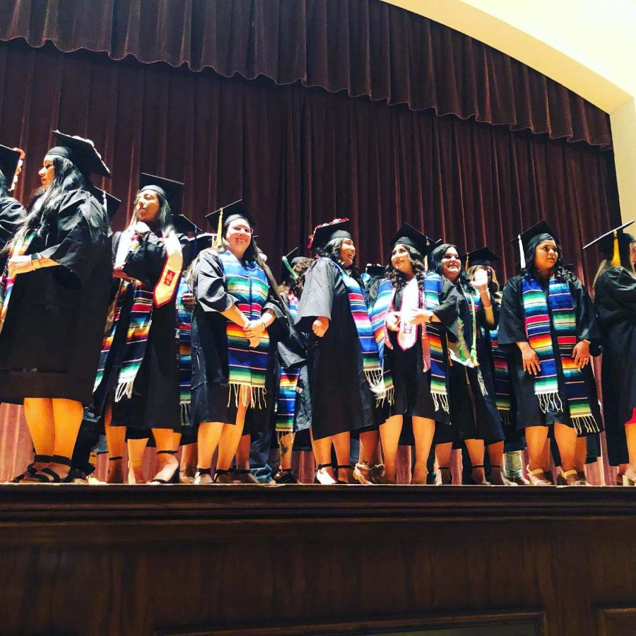 Latino graduates fill the stage during the ceremony, April 30. Photo courtesy of MSU Texas World Languages and Cultures.