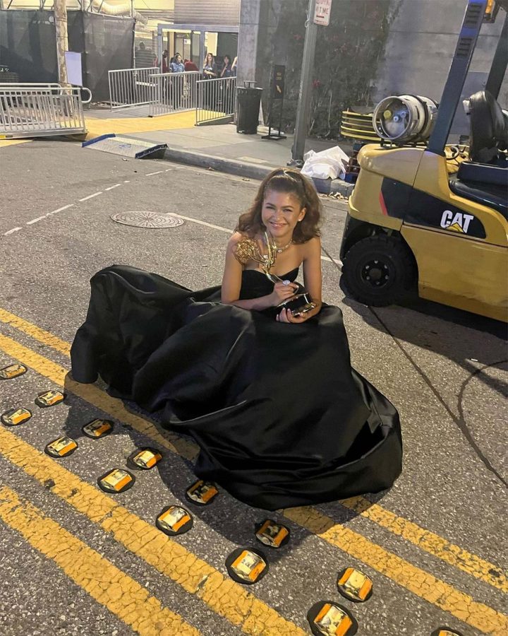 Zendaya stands with her Emmy for Outstanding Lead Actress in a Drama Series, wearing a dress inspired by old Hollywood actresses, Sept. 2022. Photo courtesy of Zendaya.