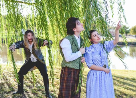 Theater junior Luke Craddock, theater sophomore Brayden Young and theater sophomore Kathryn Lane pose together in promo photos for Peter and the Starcatcher, 2022. Photo courtesy of Morgan Mallory.