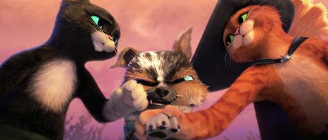 Kitty Softpaws, voiced by Salma Hayek, and Perrito, played by Harvey Guillén, team up with Puss in Puss in Boots: The Last Wish, 2022. Photo courtesy of Dreamworks Animation.
