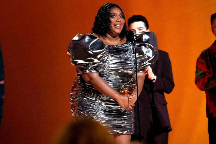 Singer Lizzo accepts her award for Record of the Year, attributed to her hit song, About Damn Time, Feb. 5. Photo courtesy of The Recording Academy.