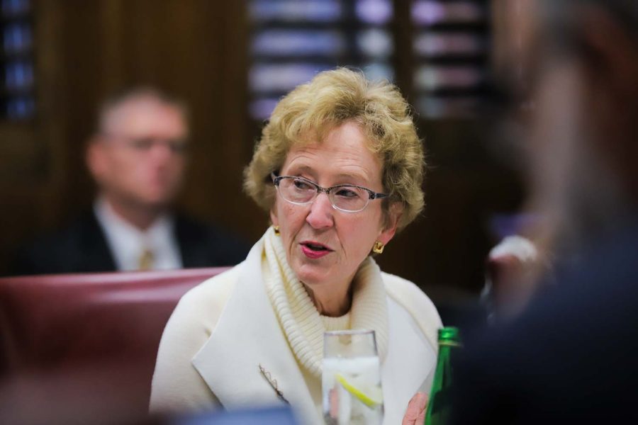 President Suzanne Shipley addresses attendees at the beginning of the Board of Regents meeting, Nov. 7, 2019. Previously president of MSU Texas, Shipley has taken up writing.
