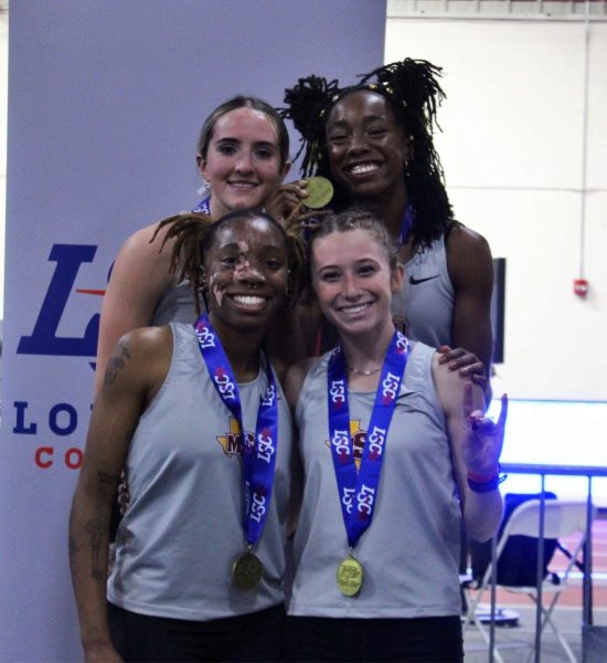 MSU track team displays their medals for the Distance Medley Relay for the 2023-2024 LSC Indoor Championships, Feb. 24.
