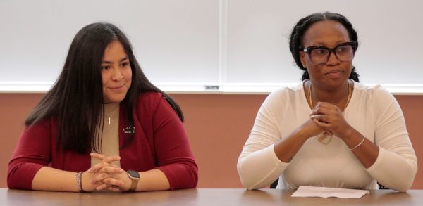 Fatima Marquez, computer science junior, left, and Brianna Vidal, psychology junior, right, are candidates for vice president external affairs, April 16.