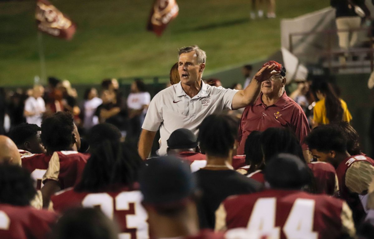 Head Coach Rich Renner gives a speech to the team after the win, Aug.29.