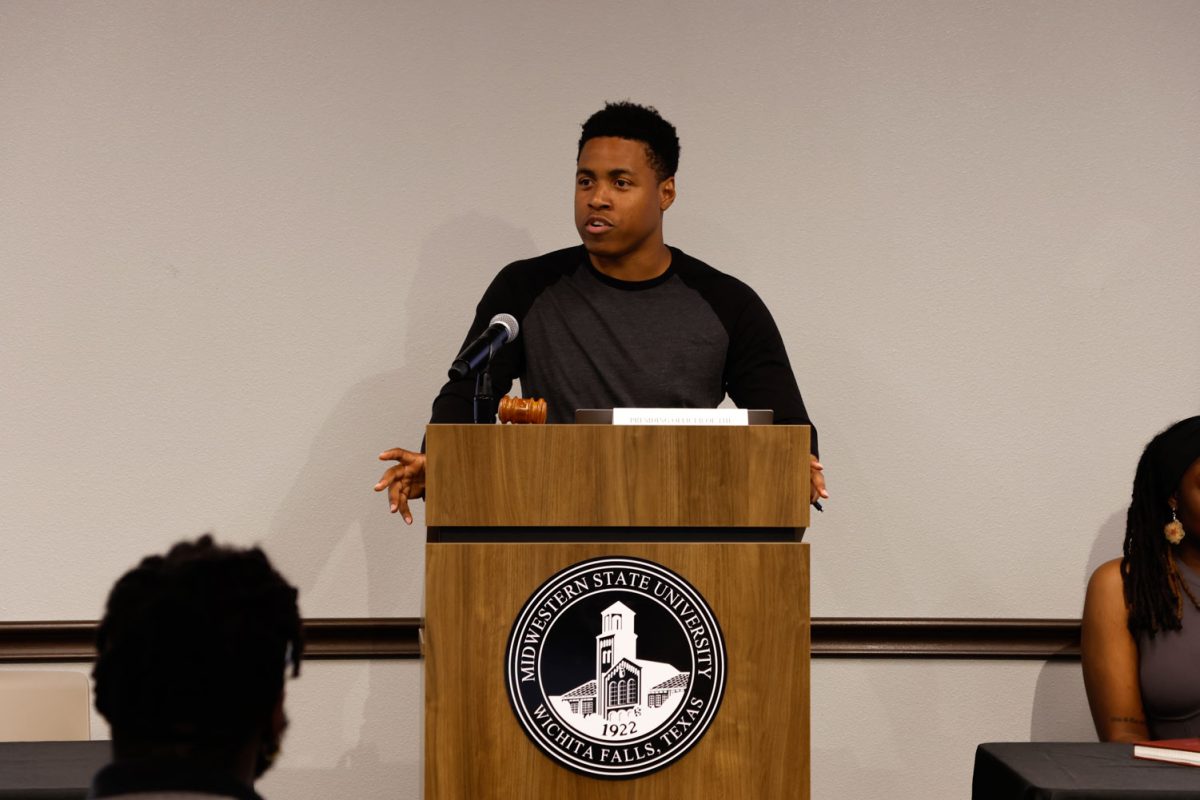 Student Government Association President Vincent Peters gives a speech at the first meeting, Sept.3.