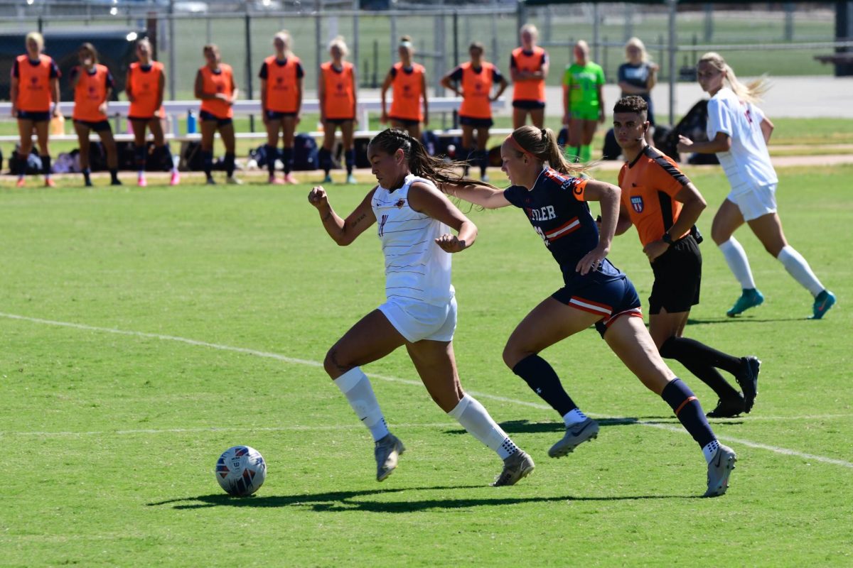 Munoz travels down the field with the ball hoping to score against opponent from UT Tyler, Sept. 28.