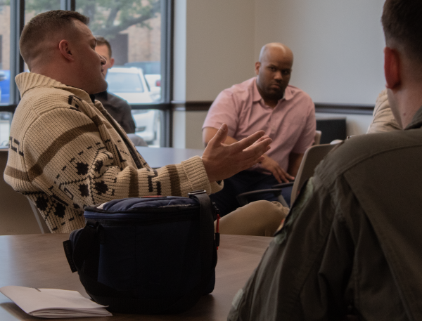 1st Lt. Cole Dooley talks to crowd about the opportunities the Air Force has available, Feb.7. 