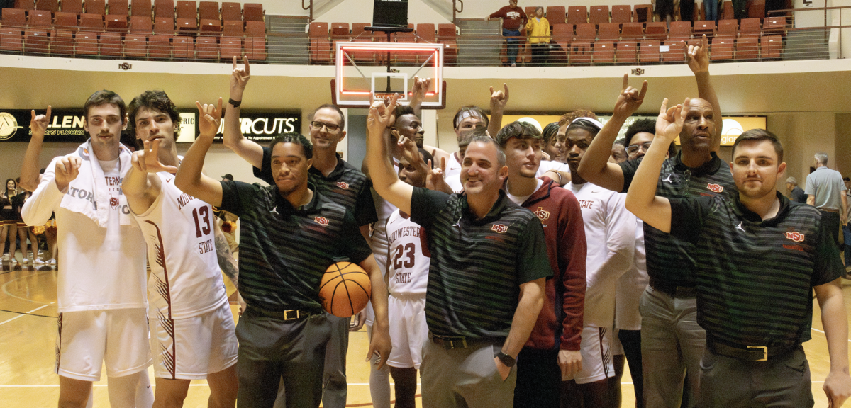 The men's basketball team honors MSU after the win over Lubbock Christian, Feb.27.